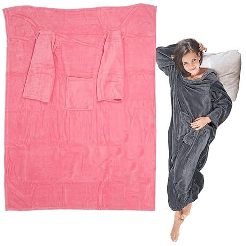 BARGAINS-GALORE Pink Cuddle Fleece Snug Blanket W Sleeves Snuggle Rug Winter Warm Cosy Home | Lightweight Soft Fleece Fluffy | For Holiday Couch Sofa Bedroom Bed Travel