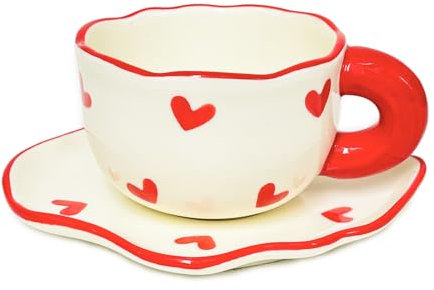 Noviko Tazze da caffè da donna a forma di cuore rosso, simpatiche tazze in ceramica con piattino, tazze a forma di cuore, regalo per San Valentino, 200 ml