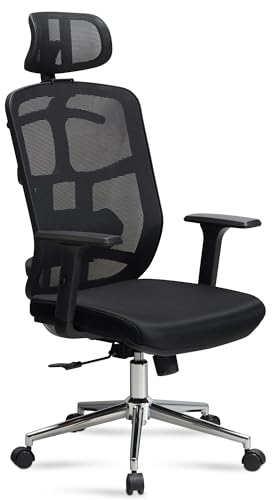 FineBuy Bürostuhl Schwarz Mesh-Bezug Schreibtischstuhl bis 120 kg mit Kopfstütze, Drehstuhl höhenverstellbar mit Lendenwirbelstütze, Stoff-Schreibtischsessel ergonomisch mit Wippfunktion