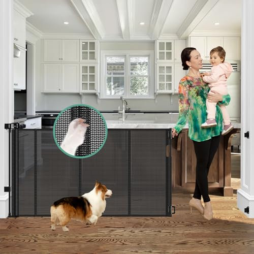 Reinforced 60 Wide Retractable Baby Gates with Upgraded Rods - Bottom Anti-Escape, 5 ft Mesh Baby Gate Retractable Dog Gate Indoor Pet Gate Retractable Stair Gate Outdoor Retractable Gate, Black