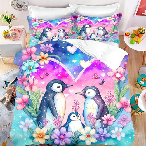 Qiqumax Pinguin Bettwäsche 135x200 süßer Pinguin Kinderbettwäsche Für Mädchen Jungen, Biber Bettwäsche Set Weiche Mikrofaser Mit Reißverschluss Und Kissenbezüge (1,135 X 200 cm 50 x 75 x 1)
