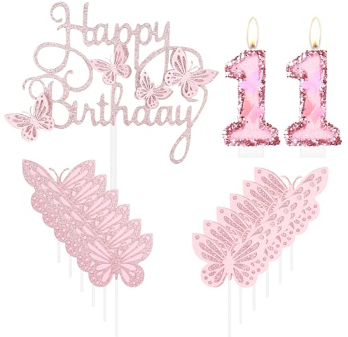 Geburtstagskerzen Happy 11th Butterfly, rosa Kuchenkerze, rosa Nummer 11, Kerze mit Glitzer, Schmetterlingskuchen, Cupcake-Topper für Mädchen, Geburtstagsparty, Mädchen, rosa Schmetterlings-Thema
