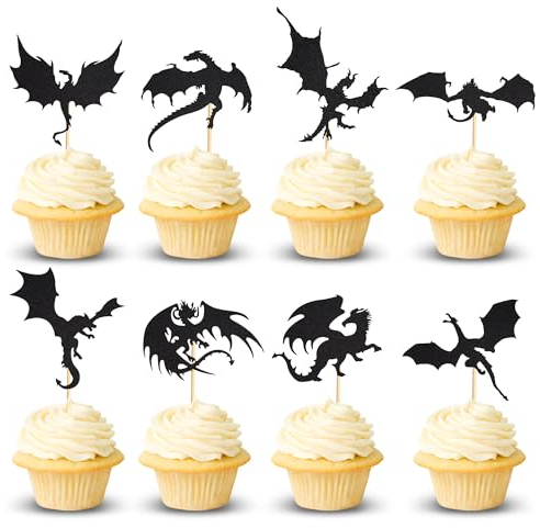 Arthsdite 24 Pcs Dragon Cupcake Toppers Cake Picks Cool Dinosaur Cupcake Topper for Dragon Themed Party Kids Birthday Party Christmas Fantasy Themed Party Decoration Baby Shower - Black Glitter