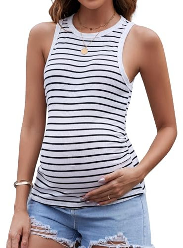 Brynmama Débardeurs de Maternité Côtelés pour Femmes Enceintes T-Shirts d'Été sans Manches Confortables Rayure Noire, S