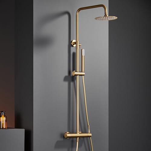 IMEX - Columna Ducha Oro Cepillado con Grifo | Conjunto de Ducha con Alcachofa y Flexo Dorada | Griferia Monomando con Rociador Efecto Lluvia | Coluna Duche en Latón y Acero Inox S.304 | Serie Monza