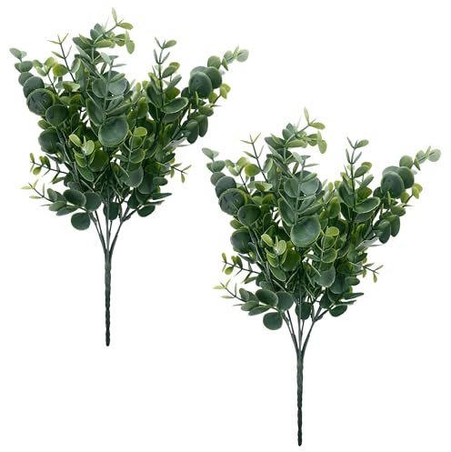 GraduationMall 2pcs Eucalyptus Plants Fake Leaf Stems Greenery Garland Plants, 13 Artificial Foliage Fake Leaves for Wedding Home Garden Decoration (White Green)