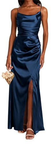 Robe de demoiselle d'honneur longue en satin avec fente et col bénitier - Robe de bal de fin d'année, robe formelle, bleu marine, 38