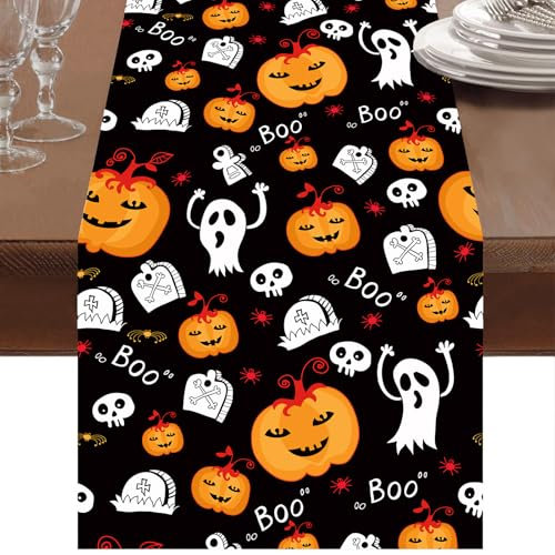 Halloween tischläufer , tischläufer Halloween tischdeko ,Gespenst kürbis deko Leinen Abwaschbare tischläufer schwarz Halloween deko Geeignet für Küche ,Bar , Esstisch