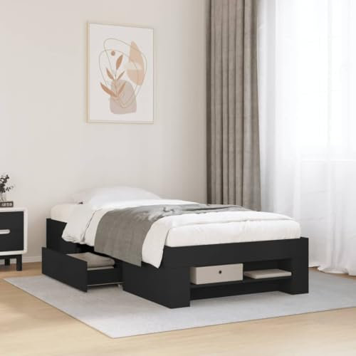 vidaXL Bed Frame Black 90x200 cm Engineered Wood - Single Bed with Storage Drawers & Compartments for Bedroom