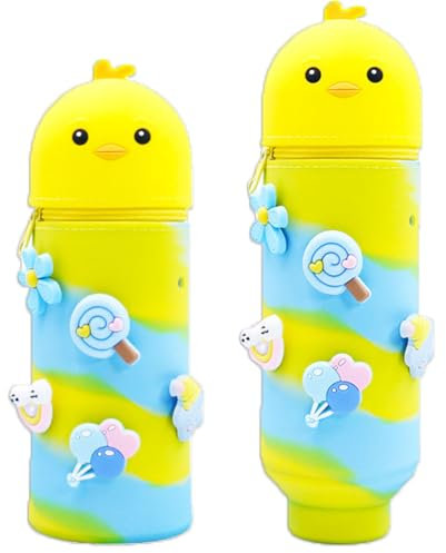 FOPSDGN 2 in 1 Soft Silicone Pencil Case - Kawaii, School Pencil Case in The Shape of Chick Pencil Case Cute Storage Pouch School Supplies for Girls and Boys Retractable Capacity Pencil Case