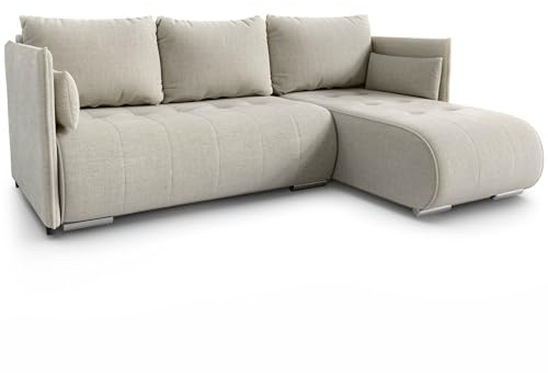 DAKO® L-Shaped Corner Sofa Bed NESSA with Storage – Fabric Couch with Sleeping Function 207×120 cm – Deep Seat 3-Seater Sofa for Living Room – Modern Reversible Design for Comfort (Cream)