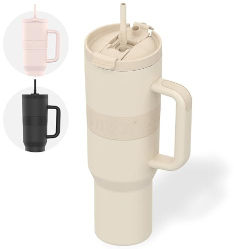 ONYX Trinkflasche mit Strohhalm - 1,2L Thermoskanne auslaufsicher, idealer Kaffeebecher to go, für heiße & kalte Getränke, Thermobecher BPA-frei, Edelstahl Isolierbecher mit Henkel, Beige