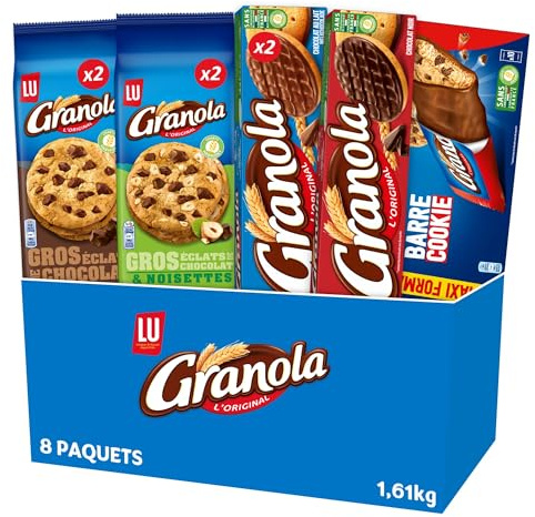 LU - La Grande Boîte Granola - Cookie Extra Chocolat (x2) et Chocolat Noisettes (x2), Nappé Chocolat au Lait (x2) et Chocolat Noir (x1), Barre Cookie (x1) - Idéal pour le Goûter - Lot de 1,61kg