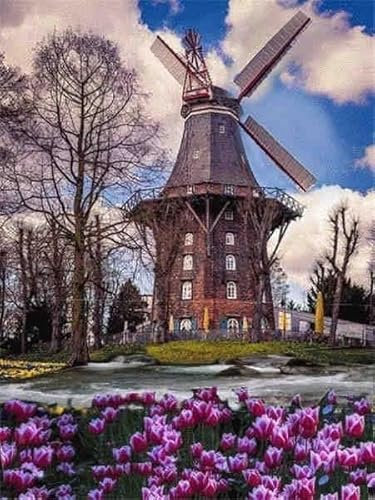 Windmill Flower Field - Adult Wooden Jigsaw Puzzle 40000 Piece Unique Shape Beautifully Boxed Fun Challenging Brain Exercise Family Game Gift For Friends Parents Grandparents