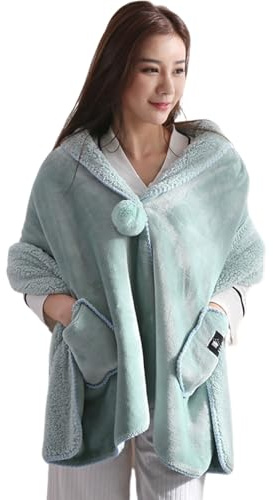 lmoikesz Veste de lit en polaire douce à boutons avec poches pour rester au chaud et confortable toute la nuit Couverture poncho en polyester pour femmes, Vert, Taille unique