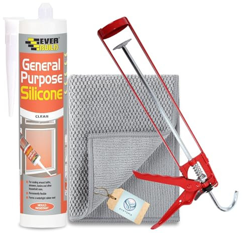 Everbuild General Purpose Clear Silicone Sealant 280ml, Pro Dec Extra Strong Skeleton Caulking Gun & Microfibre Cloth - Clear Silicone Sealant Waterproof for Bathrooms, Kitchens, Windows & Outdoor Use
