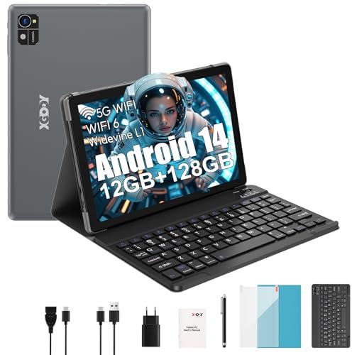 XGODY 10 Zoll Android 14 Tablet mit Tastatur 2,4G/5G WLAN 2,0 GHz | 12 GB RAM + 128 GB ROM (TF 1 TB) | FHD | 5+13 MP Kamera | 7000 mAh | Bluetooth 5.0,Tablet PC – Blau
