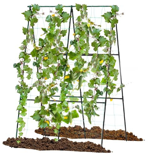 COSTWAY 35x50 Inch Cucumber Trellis, A-Frame Metal Garden Trellis with Netting & Adjustable A-Fork Clips, Outdoor Rustproof Grow Support Stand for Climbing Plants Vegetables Flowers