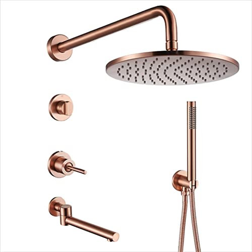 FLUXGOONE Duschsystem, Duscharmatur-Set aus gebürstetem Messing in Roségold, Wandarm, Umsteller, Mischbatterie, Handbrause-Set mit rundem 8-10 Zoll Regenduschkopf und Wanne