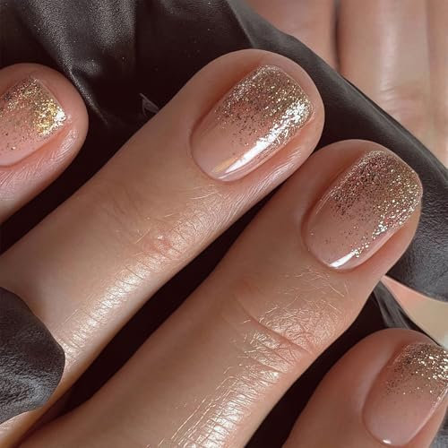 24Pcs Künstliche Fingernägel Kurz - Goldene Glitzer Finger Nägel - Square Nails Zum Aufkleben - Glitter Gradient Press on Nails - Full Cover Kunstnägel für Frauen Mädchen Party Heimat DIY
