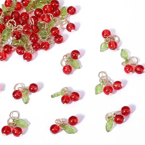 Mabor 30Pcs Red Cherry Charms for Jewelry Making Glass Beaded Mini Cute Fruit Pendant Charms Beads for Earrings Bracelets Necklaces Jewelry Making DIY Crafts