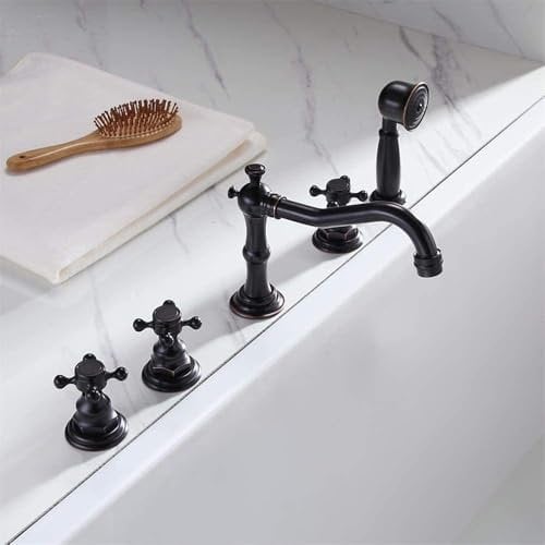 XJTNLB Robinet de Baignoire Retro a 5 Trous Mitigeur de Douche Rétro Noir 2 Sorties Cross Double Poignée en Laiton