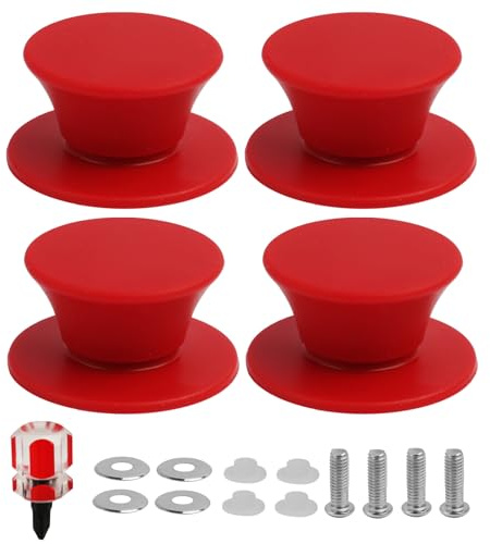 FunWorth 4Pcs Pan Lid Knob Replacement, Universal Pot Lid Cover Knob with Screwdriver, Silicone Knob Handle for Skillets, Pans & Cookware Lids (Red)
