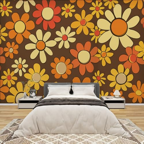GEDAEUBA Papier Peint Panoramique Rétro Années 70, Papier Peint Intissé Motif Fleur Vintage Orange, Tapisserie Panoramique Salon, Décoration Murale Chambre, 350x256 cm