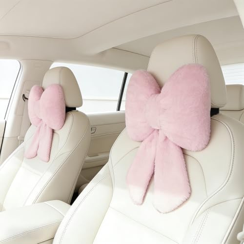 Sexysamba 2 Stück Plüschschleife Auto Kopfstütze Nackenkissen Niedliche Schleife Kissen für Autositz Dekor Weiche Nackenstütze für bequemes Fahren Reisen Büro Flauschige Kopfstütze Kissen Rosa