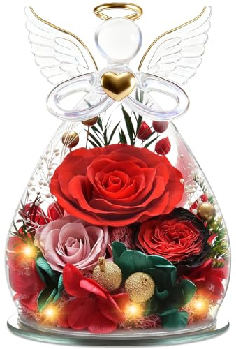 YiHuaHua Ewige Blume Engel Figur Geschenk für Frauen, Valentinstag für Sie, Muttertag, Mama Ehefrau Geburtstag, Geschenk Valentinstag Ewige Blume mit LED-Beleuchtung (Rot und Rosa)