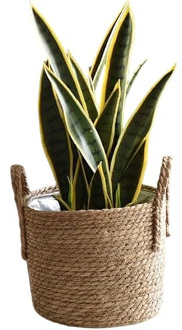 Cesta de paja para plantas de interior, contenedor de paja trenzada con asa, cestas para plantas y flores, para balcón, casa, jardín, patio, césped y para uso en ambientes exteriores