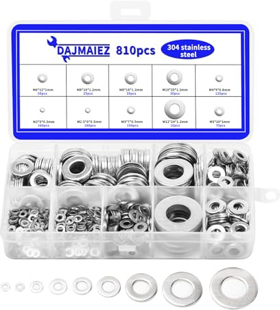 810 Pcs Arandelas de Seguridad y Planas de Acero Inoxidable | Set de arandelas planas y de seguridad, tamaños M2-M12, ideales para reparación de pernos y tuercas en aplicaciones diversas.