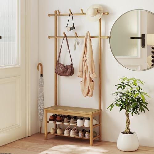 GOPLUS 3 en 1 Porte-Manteau Entrée Cannage avec Banc à Chaussures, Portant a Vetement Entrée en Bambou et Rotin PE avec Étgaères Chaussur, 2 Tringles, 11 Crochets (Naturel,71x30x169,5CM|Banc)