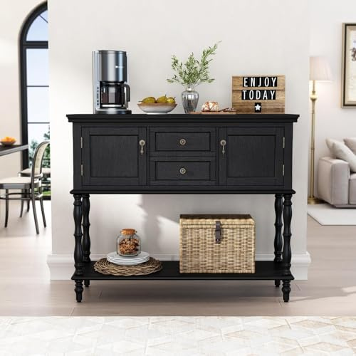 TUFSPRAX Console d'entrée vintage avec 2 tiroirs et 2 portes - Style colonne romaine classique - Grand espace de rangement - Facile à nettoyer - Meuble couloir rétro pour salon ou entrée