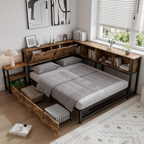 Merax 4FT6 Double Bed Frame 135x190cm,Metal and Wood Day Bed with Storage Drawers & Bedside Shelf,Wrought Iron Bed Frame with Metal Slats,Rustic Industrial Storage Bed,Rustic Brown & Black-No Mattress