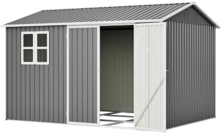 DRIXNO Metall Gartenhaus, Geräteschuppen mit Pultdach, 310.9x240x201 cm Metallschuppen mit Fenster und 4 Lüftungen, UV-wasserdichtes Schrägdach, inkl. Schloss, Handschuhe, Bodennägel, Grau