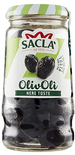 Saclà, OlivOlì, Olive Nere Toste, Ideali per Insalate e per Arricchire i Tuoi Piatti, Vaso Vetro, 200g, Confezione da 12 pezzi