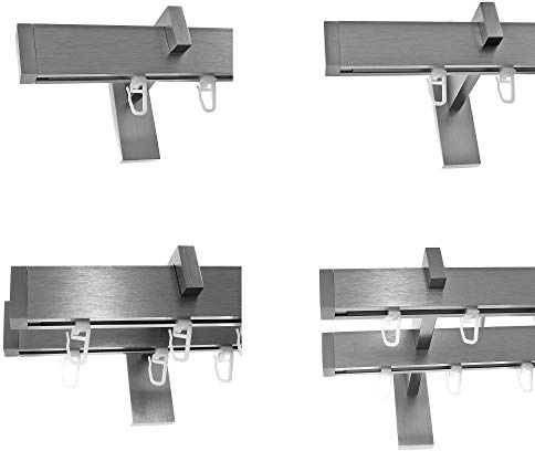 BASIT Gardinenstange Innenlauf eckig Edelstahllook 2-läufig Wand 240cm H95 | Gardinenstangenset doppelläufig Wandmontage Metall Wandhalterung kantige Vorhangstange 120-600cm wählbar Kappe E90