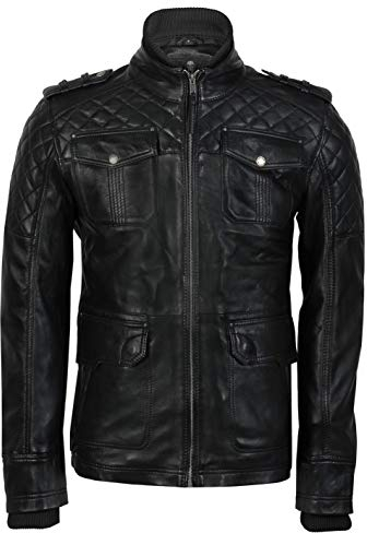 Xposed Mens Real Leather Jacket Vintage Style Retro Military Field Funnel Neck Slim Fit Coat[M-43,4XL,Black]