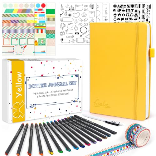 feela Bullet Journal Buch, Notizbuch A5 dotted Set mit 224 Seite Notizbuch gepunktet hardcover, Fineliner, Schablonen, Sticker, Washi-Tape, Gelstift, gelbes Din A5 Notizbuch PU Leder für Tagebuch