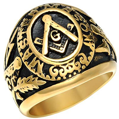 HIJONES Schmuck Herren Edelstahl Herrschsüchtiges Weinlese Freemason Freimaurer Ringe Gold Schwarz Größe 60 (19.1)