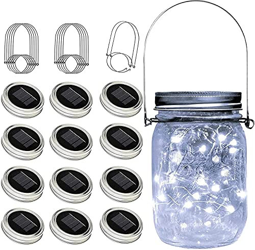 Solar Mason Jar Lid Lights, 16 Pack 30 LED Fairy Star Firefly String Lids Lights with 16 Hangers and 6 PVC (No Jars),for Mason Jar Patio Garden Wedding Lantern