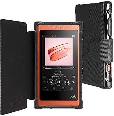 inorlo PU Leather Flip Case Cover for Sony Walkman NW-A55 and NW-A55L Player, with Magnetic Closure Strap and Reinforced TPU Housing + Screen Protector (Black)