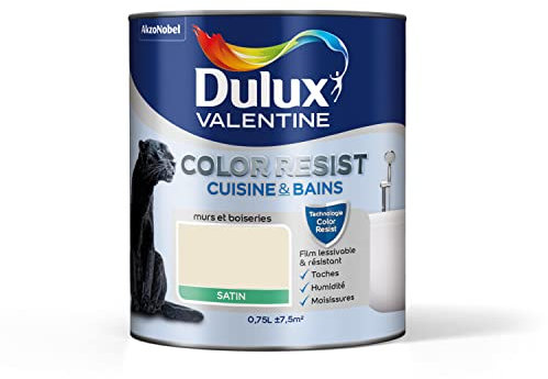 Dulux Valentine Color Resist - Peinture Intérieure Pièces Humides - Pour Murs, Plafonds, Boiseries - Lessivable et Résistante - Couleur : Ivoirine Satin - 0,75 L - 5261805