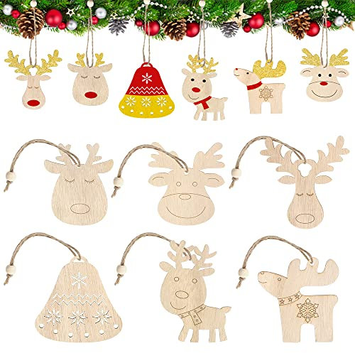 Weihnachtsbaumschmuck Holz, 24 Stück Anhänger, Hirsch, Deko Mit Hanfseil Und Beweglichen Holzperlen, DIY Basteln Weihnachten