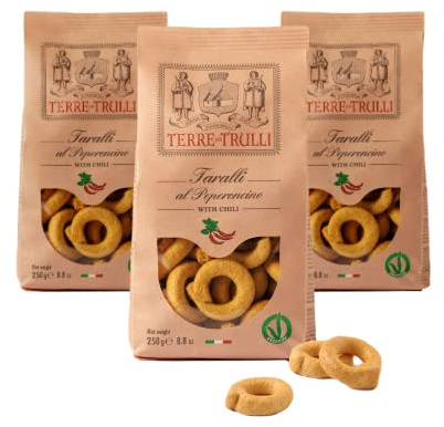 Terre Dei Trulli Taralli Pugliesi Al Peperoncino 3 Confezioni Da 250g | Taralli Artigianali Per Uno Snack Veloce E Gustoso, Snack Salati, Made In Italy