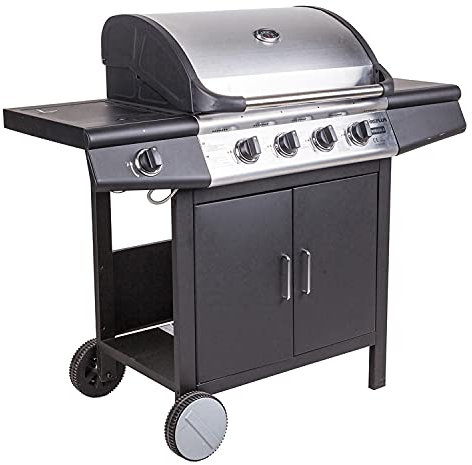 Dmora Barbecue à gaz 4 brûleurs +1 en acier inoxydable, couleur noire, 136 x 56 x h106 cm