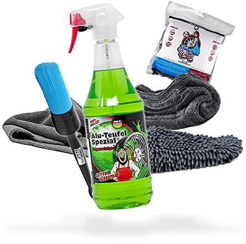 detailmate Felgen Reinigung Set: Tuga Chemie Alu-Teufel 1L Felgenreiniger + Nuke Guys Shiny Wheels Set mit Tuch und Waschhandschuh + ValetPRO Felgenpinsel + Edgeless Mikrofasertuch 380GSM