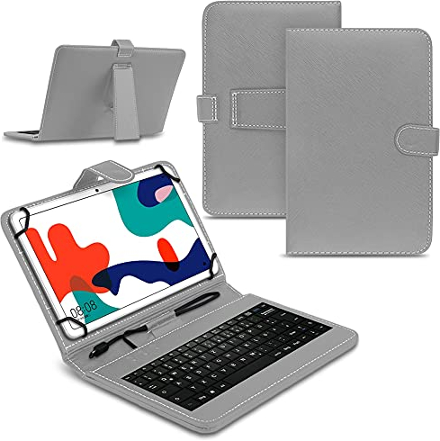 NAUCI Tablet Hülle kompatibel mit Blackview Tab 16 15 13 12 11 10 Pro 9 8 8E Tasche Tastatur Keyboard QWERTZ Schutzhülle Cover Standfunktion USB Schutz Case, Farben:Grau