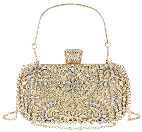 MEGAUK Damen Clutch Glitzer Elegant Abendtasche Glänzend Handtasche Envelope Tasche Strass Unterarmtasche mit Kette für Hochzeit Wedding Prom Party (06806 Gold)